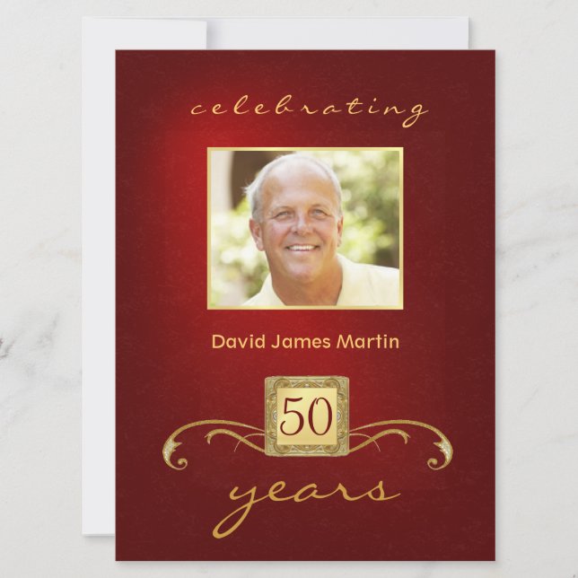 50th Birthday Party - Masculine Red Gold Invites (Front)