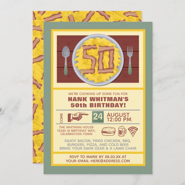 50th Birthday Party Mens Funny Bacon Eggs Theme Invitation (Front/Back)