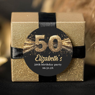  50th Birthday Party Modern Black and Gold Classic Round Sticker