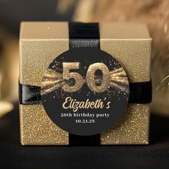  50th Birthday Party Modern Black and Gold Classic Round Sticker (50th Birthday Stickers)