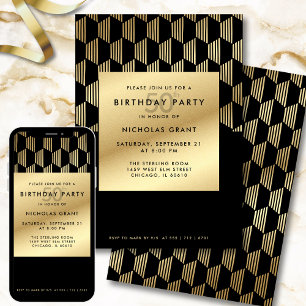 50th Birthday Party Modern Black and Gold Foil Invitation