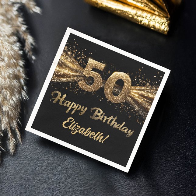  50th Birthday Party Modern Black and Gold Napkin (50th birthday napkins "Happy Birthday" in gold and black)