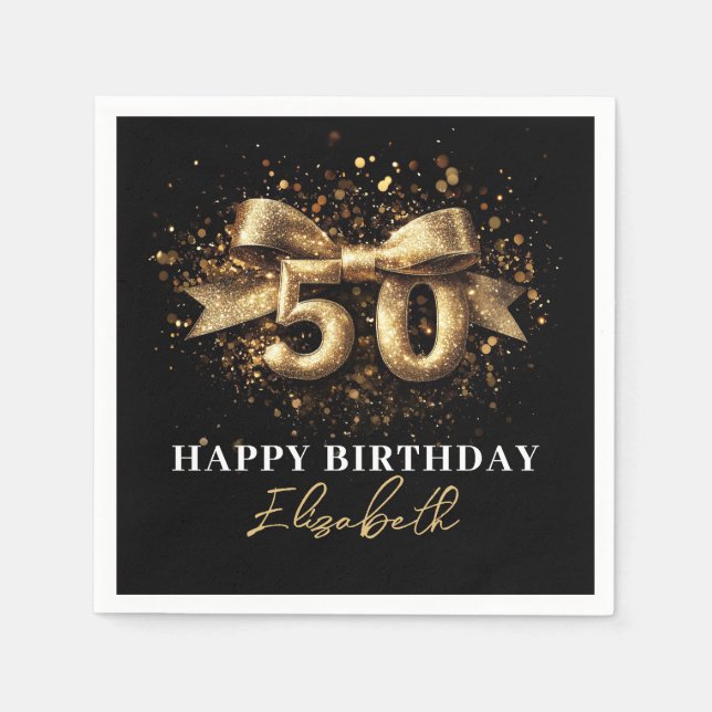  50th Birthday Party Modern Black and Gold Napkin (Front)