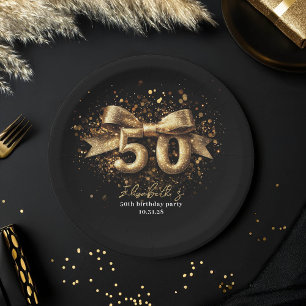  50th Birthday Party Modern Black and Gold Paper Plate