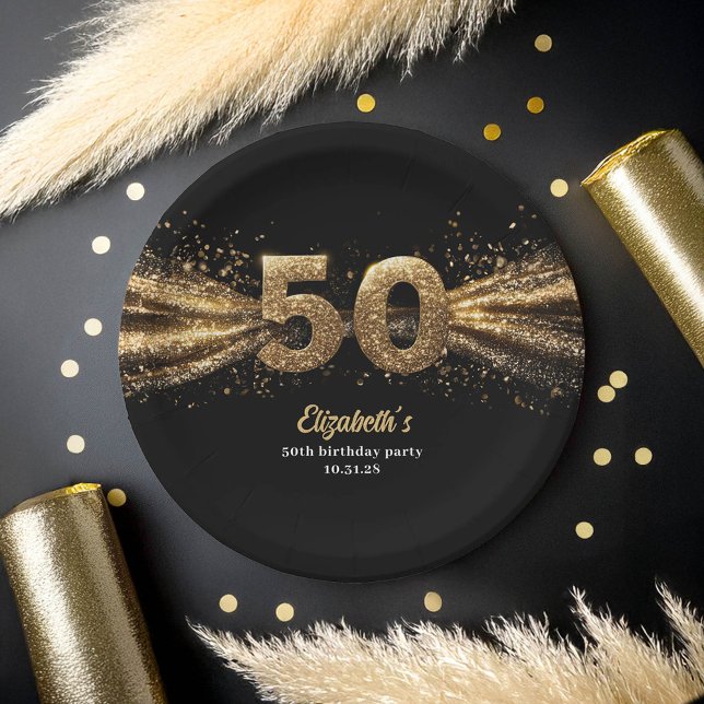  50th Birthday Party Modern Black and Gold Paper Plate (50th Birthday Party Paper Plates in Gold and Black Colors)