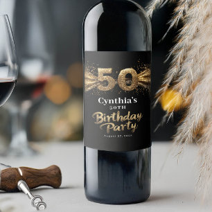 50th Birthday Party Modern Black and Gold Wine Label