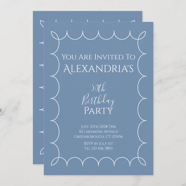 50th Birthday Party Modern Blue Wavy Border Invitation (Front/Back)