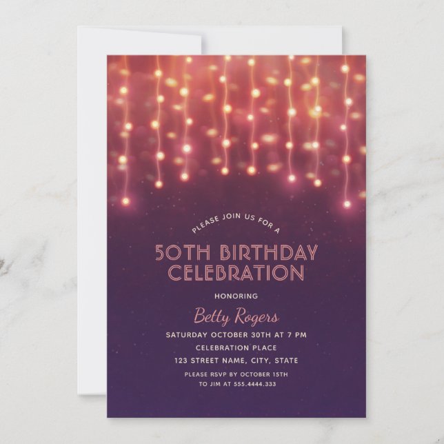 50th Birthday Party Modern Glitter String Lights Invitation (Front)