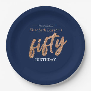 50th Birthday Party Modern Gold & Blue   Fifty Paper Plate