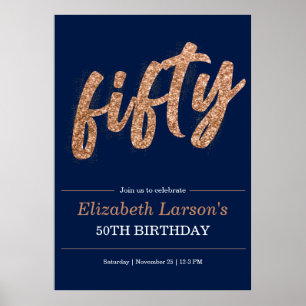 50th Birthday Party Modern Gold & Blue   Fifty Poster