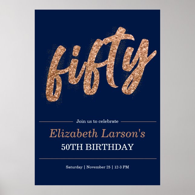 50th Birthday Party Modern Gold & Blue | Fifty Poster (Front)