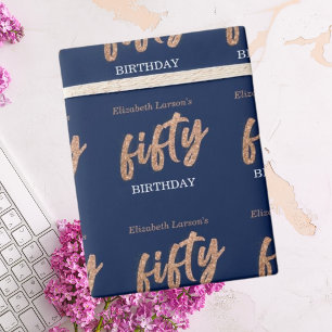 50th Birthday Party Modern Gold & Blue   Fifty Wrapping Paper