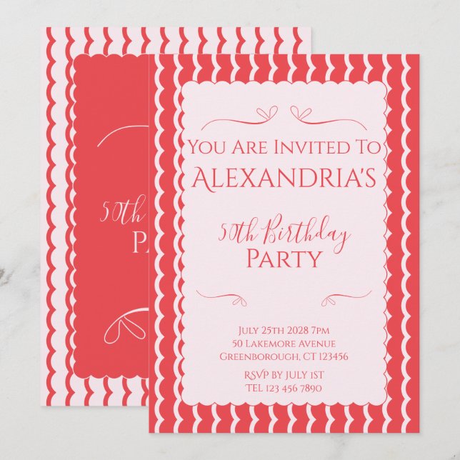 50th Birthday Party Modern Pink Red Invitation (Front/Back)