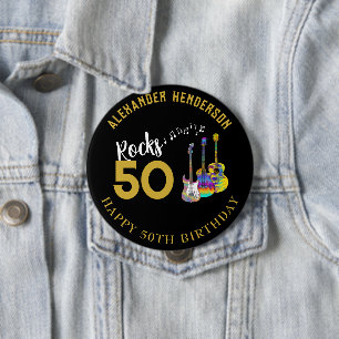 50th Birthday Party Name Guitars Rocks 50 10 Cm Round Badge