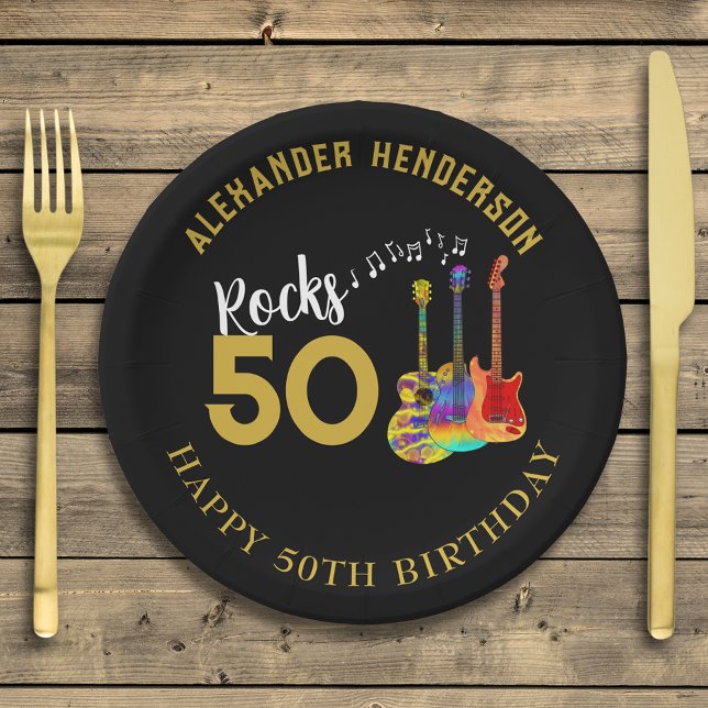 50th Birthday Party Name Guitars Rocks 50 Paper Plate (Personalized for him 50th birthday party rock and roll funky guitars black and gold paper plates)