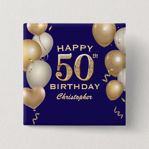 50th Birthday Party Navy Blue and Gold Balloons 15 Cm Square Badge