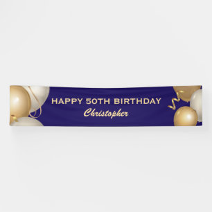 50th Birthday Party Navy Blue and Gold Balloons Banner
