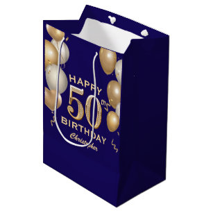 50th Birthday Party Navy Blue and Gold Balloons Medium Gift Bag