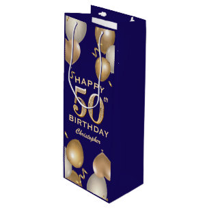 50th Birthday Party Navy Blue and Gold Balloons Wine Gift Bag