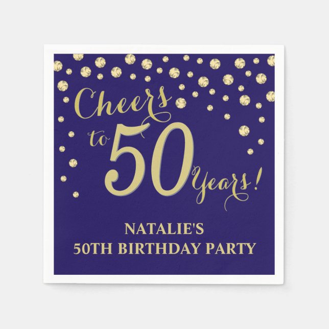 50th Birthday Party Navy Blue and Gold Diamond Napkin (Front)