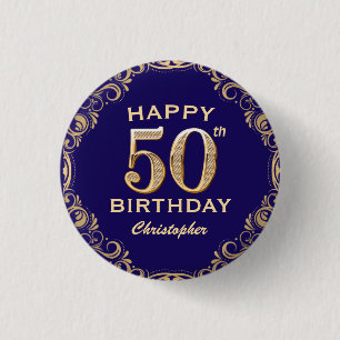 50th Birthday Party Navy Blue and Gold Glitter 3 Cm Round Badge