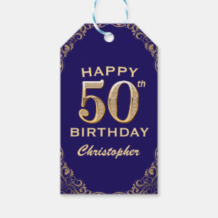 50th Birthday Party Navy Blue and Gold Glitter Gift Tags