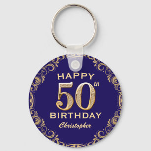 50th Birthday Party Navy Blue and Gold Glitter Key Ring