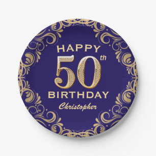 50th Birthday Party Navy Blue and Gold Glitter Paper Plate