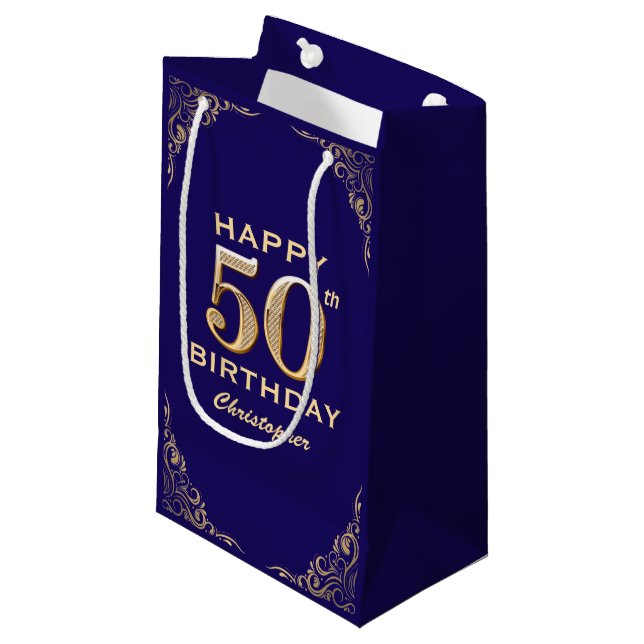 50th Birthday Party Navy Blue and Gold Glitter Small Gift Bag (Front Angled)
