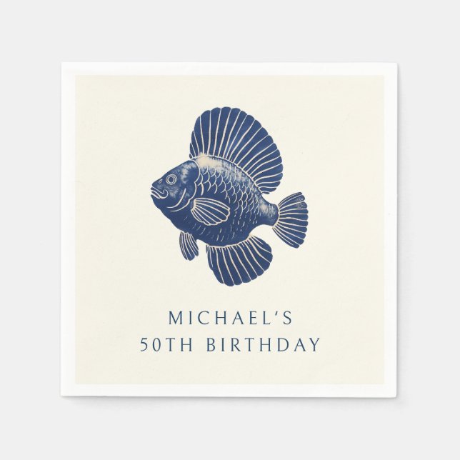 50th Birthday Party Navy Blue Nautical Fish Napkin (Front)