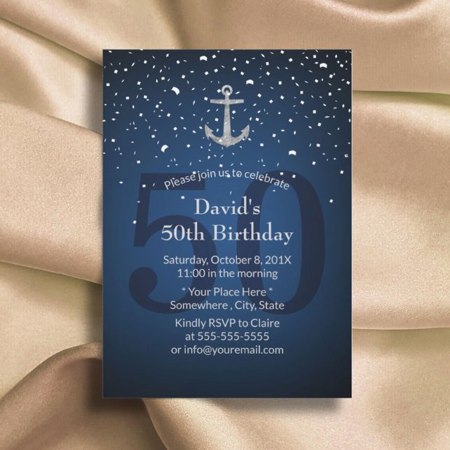 50th Birthday Party Navy Blue & Silver Anchor Invitation (Creator Uploaded)