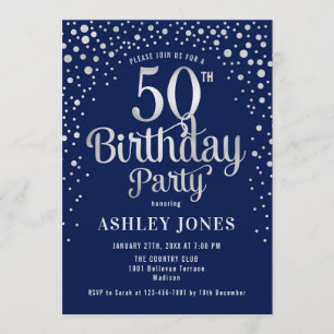 50th Birthday Party - Navy & Silver Invitation