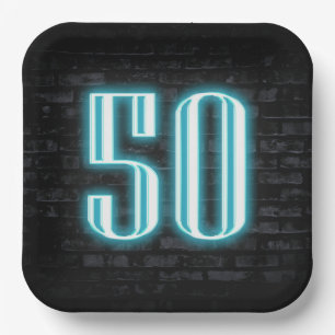50th Birthday Party Neon Sign on Brick Paper Plate