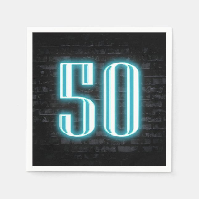 50th Birthday Party Neon Sign on Brick Wall Napkin (Front)