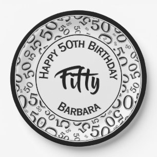 50th Birthday Party Number Pattern Black/White 50 Paper Plate