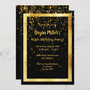 50th birthday party on black with faux gold frame invitation