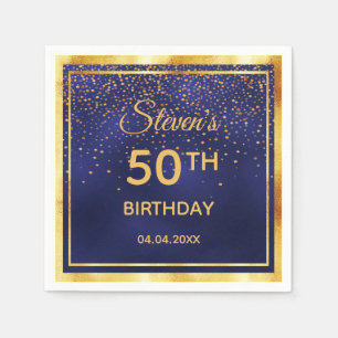 50th birthday party on midnight blue gold confetti napkin