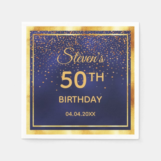 50th birthday party on midnight blue gold confetti napkin (Front)