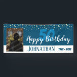 50th Birthday Party One Photo with Confetti Blue Banner<br><div class="desc">Congratulations on this huge milestone in your life! This banner has a fun confetti top boarder with custom dates and name option. 50th birthday party banner can be changed to other dates if needed. blue</div>
