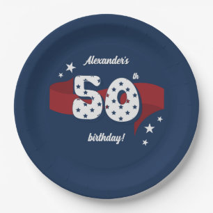 50th Birthday Party Patriotic Red White Blue Stars Paper Plate