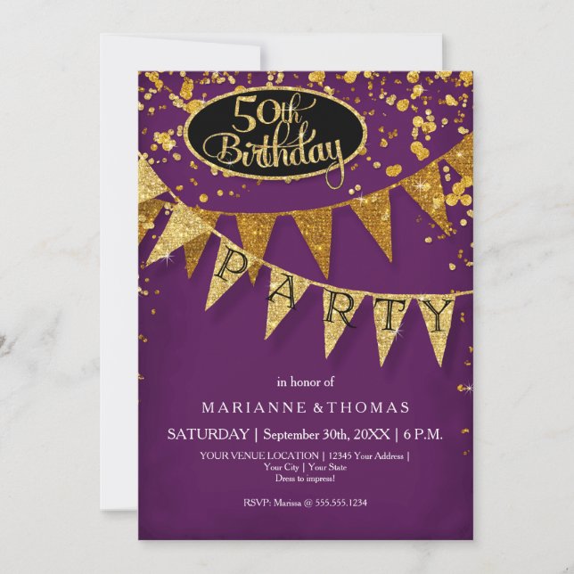 50th Birthday Party Pennant Banner Confetti Invitation (Front)