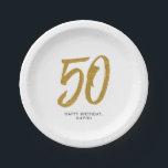 50th birthday party personalised gold white paper plate<br><div class="desc">Celebrate 50 years with this black and faux gold glitter plate featuring a large stylised 50 and custom white text. Coordinates with the birthday and anniversary collection by Lea Delaveris Design. Works perfectly for a birthday or anniversary parties to celebrate fifty years!</div>