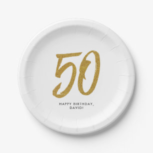50th birthday party personalised gold white paper plate