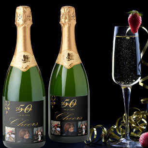 50th birthday party photo black gold cheers script sparkling wine label