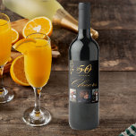 50th birthday party photo black gold cheers script wine label<br><div class="desc">A bottle label for a glamourous 50th birthday party. Personalise and add 3 of your own photos, a name, age 50 and a date. Date of birth or the date of the party. Golden coloured letters. The word: Cheers, in faux gold written with a trendy hand lettered style script. Elegant,...</div>