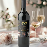 50th birthday party photo black gold cheers script wine label<br><div class="desc">A bottle label for a glamourous 50th birthday party. Personalise and add 3 of your own photos, age 50 and a date. Date of birth or the date of the party. Golden coloured letters. The word: Cheers, in faux gold written with a trendy hand lettered style script. Elegant, classic chic...</div>