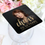 50th Birthday Party Photo Cheers Square Paper Coaster<br><div class="desc">This custom 50th birthday paper coaster features the guest of honour's personalised photo,  name,  and birthday,  along with the word "Cheers" in elegant gold-coloured calligraphy script. A dark screen helps make the text pop. A great way to celebrate someone who's turning fifty!</div>