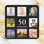 50th birthday party photo collage black guy men square sticker<br><div class="desc">A sticker for a 50th birthday party for a guy,  celebrating his life with a collage of 8 of your own photos.  Templates for the age 50 and a date.  Date of birth or the date of the party.  White coloured letters.  Black background.</div>