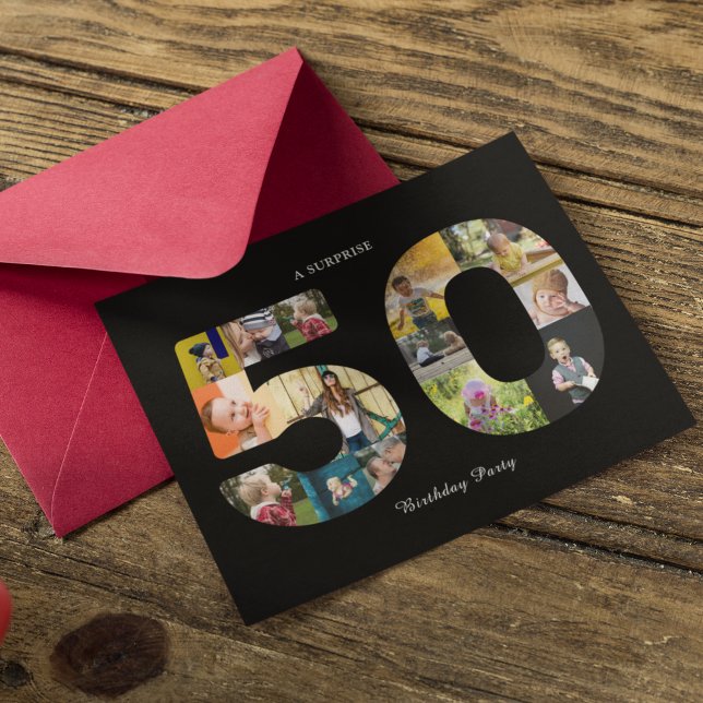 50th Birthday Party Photo Collage Black White Invi Postcard (Creator Uploaded)