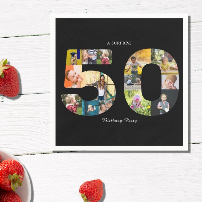 50th Birthday Party Photo Collage Black White Napkin (50th birthday photo collage template napkin in black and white.)